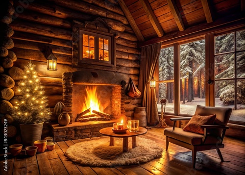 Wallpaper Mural cozy winter eveningscape rustic wooden cabin warmth crackling fireplace golden flames dancing shadows velvet darkness rich mahogany tones earthy aroma serene intimate ambiance cinematic warm lighting Torontodigital.ca