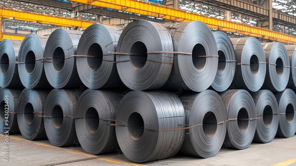 Stacks of steel coils in a warehouse, showcasing industrial materials ready for manufacturing and construction projects. Stacks of steel coils in a warehouse, showcasing industrial materials ready for manufacturing and construction projects.