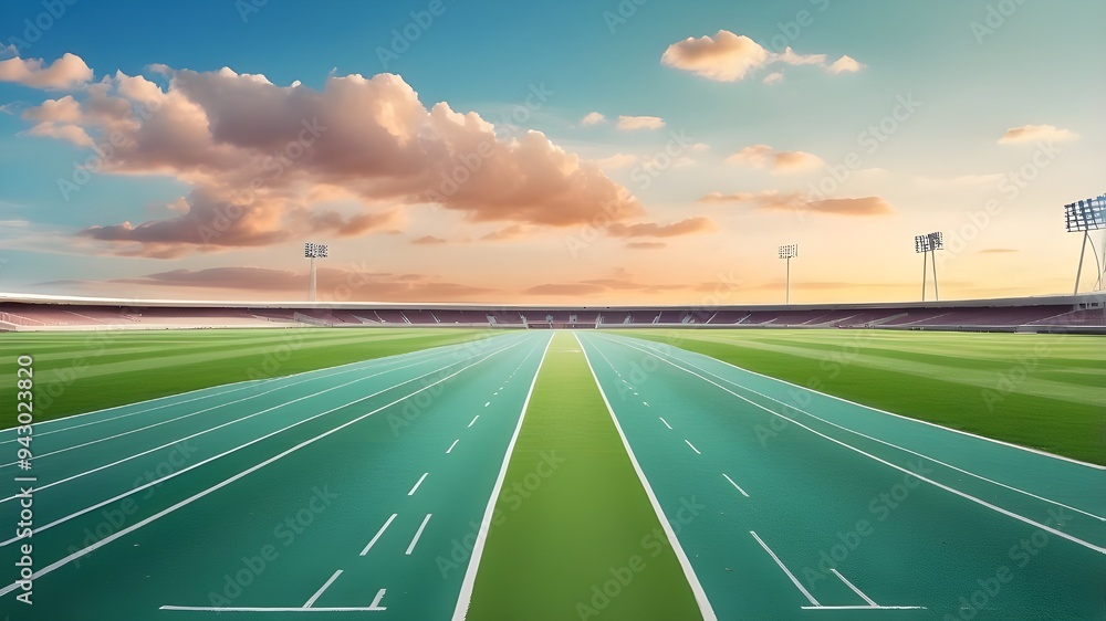 Running track race with green grass and lovely sky background, vacant runway, stadium venue for a sporting event. Running track race with green grass and lovely sky background, vacant runway, stadium venue for a sporting event.