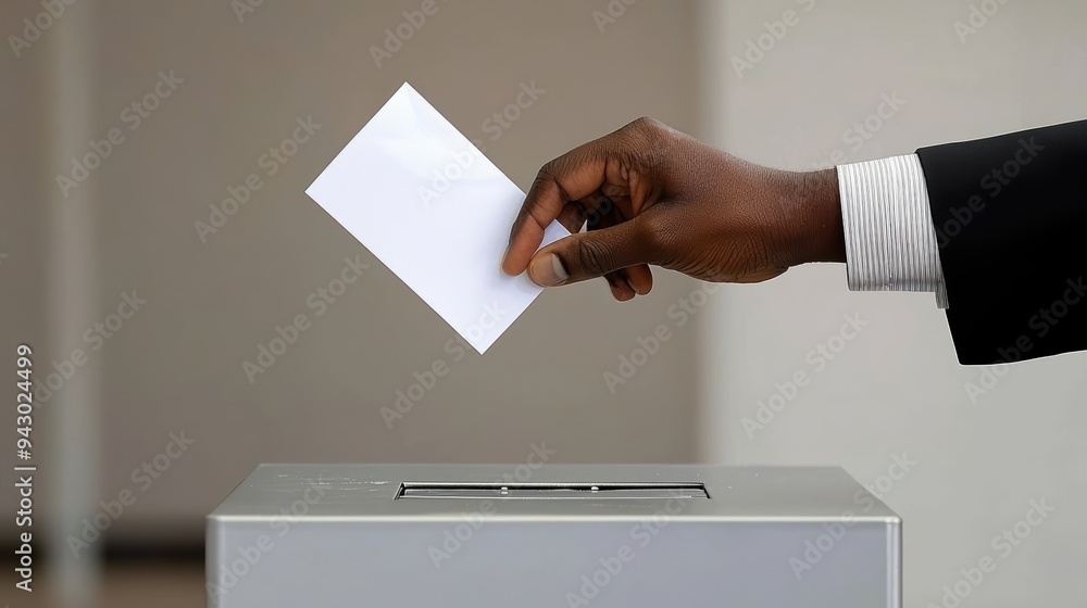 A hand is casting vote into ballot box, symbolizing civic duty and participation in democracy. expression reflects determination and hope for change. A hand is casting vote into ballot box, symbolizing civic duty and participation in democracy. expression reflects determination and hope for change.