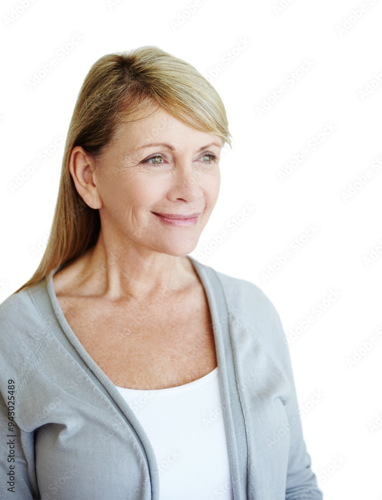 Thinking, smile and senior woman ideas, choice and model isolated on white studio background. Mature person, mockup space and lady with decision, thought and wonder with question and positive mindset Thinking, smile and senior woman ideas, choice and model isolated on white studio background. Mature person, mockup space and lady with decision, thought and wonder with question and positive mindset
