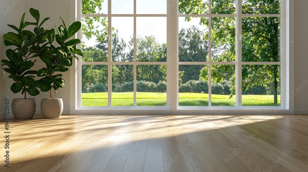 A bright room with large windows, showcasing vibrant greenery outside and a serene indoor plant for a refreshing atmosphere. A bright room with large windows, showcasing vibrant greenery outside and a serene indoor plant for a refreshing atmosphere.