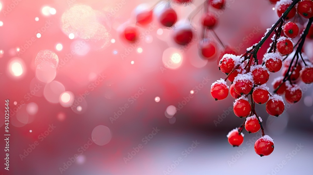 A close-up of vibrant red berries dusted with snow, set against a dreamy, blurred background of soft pink and white tones. A close-up of vibrant red berries dusted with snow, set against a dreamy, blurred background of soft pink and white tones.