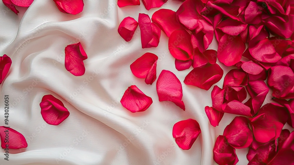 A rich display of red rose petals scattered on elegant silk fabric, perfect for romantic or floral themes. A rich display of red rose petals scattered on elegant silk fabric, perfect for romantic or floral themes.