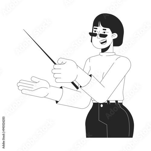 Woman teacher showing aside black and white 2D line cartoon character. Female lecturer with pointer at lesson isolated vector outline person. School personnel monochromatic flat spot illustration