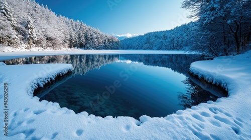 Fototapeta Naklejka Na Ścianę i Meble -  A serene winter landscape featuring a frozen lake and snow-covered trees reflecting in calm water under a clear blue sky.
