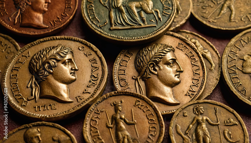 A collection of ancient Roman coins featuring intricate portraits of emperors and deities, highlighting the rich history and artistry of the era. Each coin tells a unique story