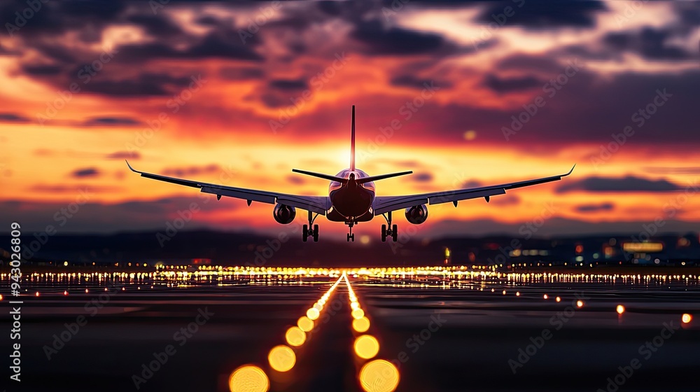 A stunning airplane landing against a vibrant sunset sky, showcasing the beauty of flight and aviation. A stunning airplane landing against a vibrant sunset sky, showcasing the beauty of flight and aviation.