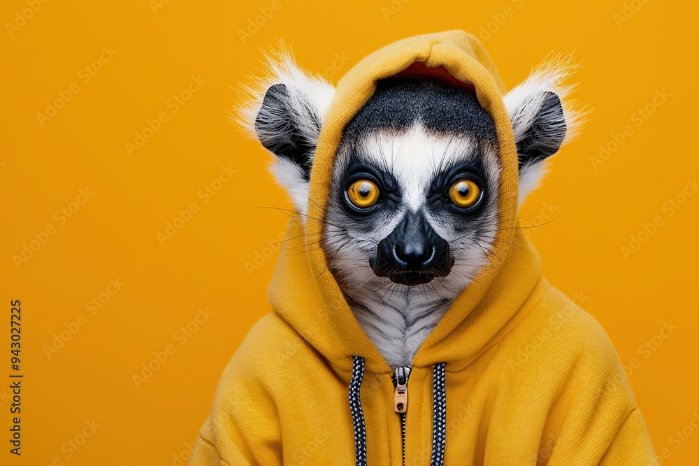 Lemur with an elegant gray hoody on a solid studio yellow color background. Copy space for text. Cute cool exotic animal dressed fashion clothes, hood at head. Humor, summer. Funny creative concept Lemur with an elegant gray hoody on a solid studio yellow color background. Copy space for text. Cute cool exotic animal dressed fashion clothes, hood at head. Humor, summer. Funny creative concept