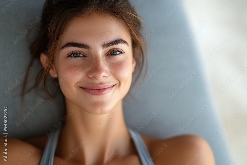 Smiling woman lying down looking at camera with calm expression Smiling woman lying down looking at camera with calm expression
