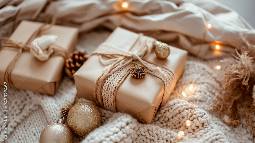 Close-up of Christmas gifts, minimalist Christmas tree balls with pastel colors, on the table, minimalism and style Close-up of Christmas gifts, minimalist Christmas tree balls with pastel colors, on the table, minimalism and style