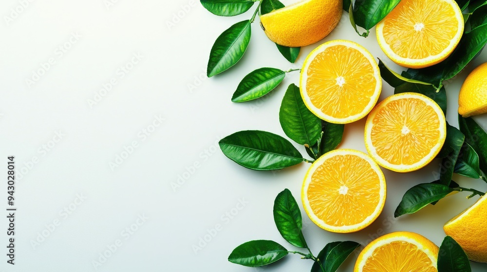 Fresh lemon slices and vibrant green leaves arranged on a clean background, perfect for culinary or health-themed projects. Fresh lemon slices and vibrant green leaves arranged on a clean background, perfect for culinary or health-themed projects.