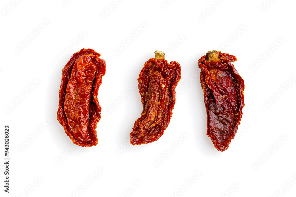 Fototapeta premium Top view sun-dried tomatoes, traditional Italian food, isolated on white on white