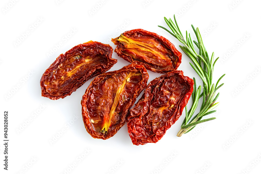 Top view sun-dried tomatoes, traditional Italian food, isolated on white on white