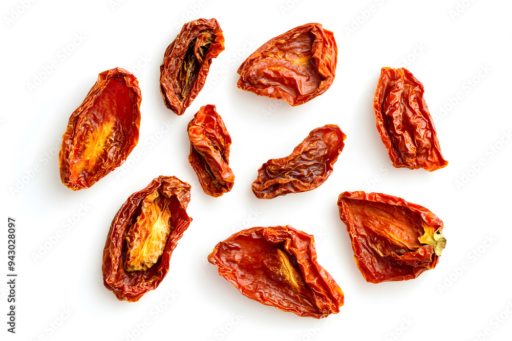 Top view sun-dried tomatoes, traditional Italian food, isolated on white on white Top view sun-dried tomatoes, traditional Italian food, isolated on white on white