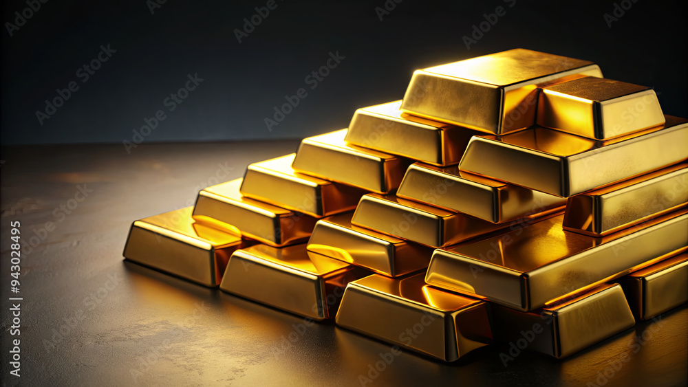 Gleaming stacks of gold bars rest on a dark surface, reflecting light and highlighting their polished appearance, symbolizing wealth and prosperity