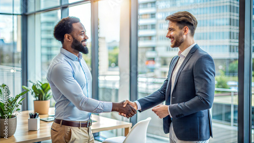 Diverse Friends Shaking Hands in Modern Office, Collaborative and Supportive Mood with Clean Minimalistic Background