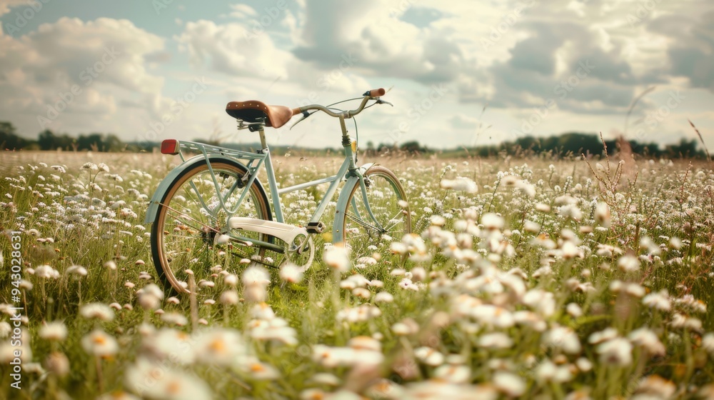 Naklejka premium Beautiful vintage style photo of a bicycle in a flower field.