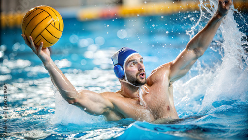 Focused Water Polo Player About to Take a Shot on Goal in Indoor Pool, Close-Up with Clear Blue Rippling Water