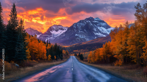 A quiet mountain highway with an asphalt surface, surrounded by towering peaks and a sky filled with vivid sunset colors