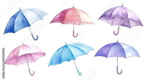 A set of six watercolor umbrellas with different colors. The umbrellas are all open and are positioned at various angles. Scene is bright and cheerful