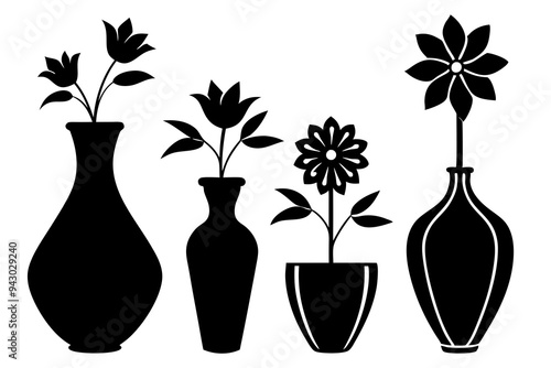 Set Of Modern flower vase Silhouettes, Vector illustration simple design silhouette