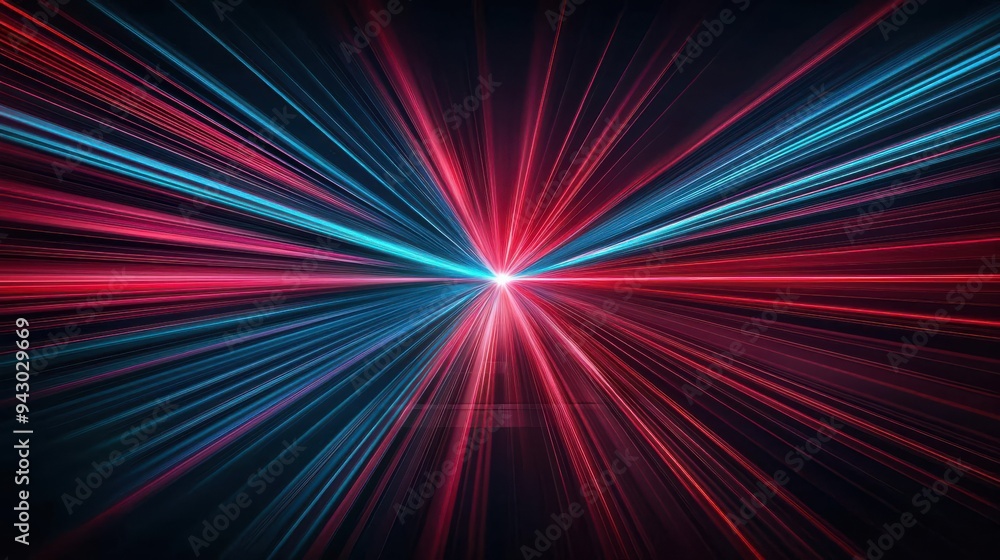 Fototapeta premium Laser beams converging on a target surface, overhead shot, red and blue hues, dark background, precision detail