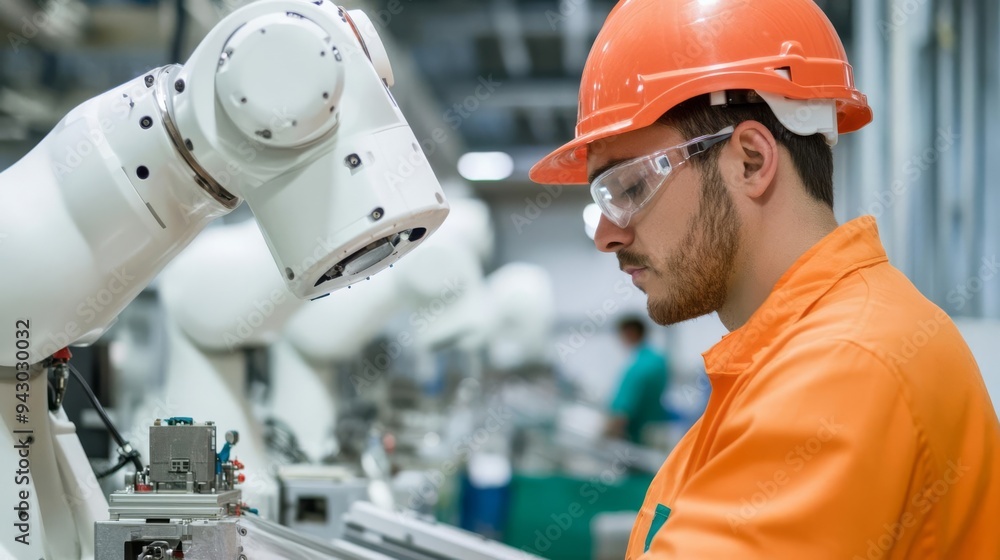 Workers on an assembly line building robotic harvesters, farm machinery, industrial automation Workers on an assembly line building robotic harvesters, farm machinery, industrial automation