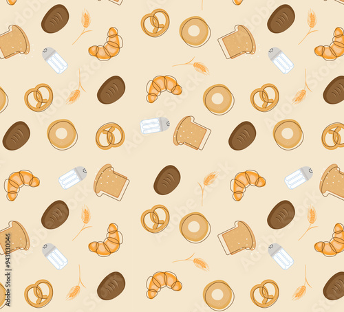 The image shows a seamless pattern featuring various baked goods like bread, pretzels, croissants, bagels, and wheat stalks, along with salt shakers on a beige background.
