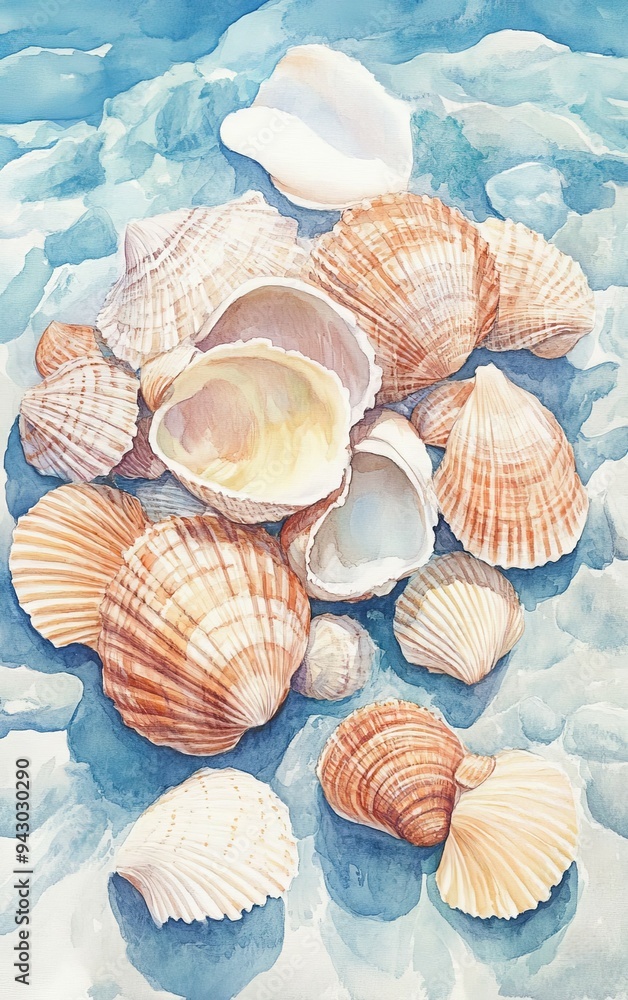A beautiful collection of seashells arranged on a soft blue background, capturing the essence of beach life and natural beauty. A beautiful collection of seashells arranged on a soft blue background, capturing the essence of beach life and natural beauty.