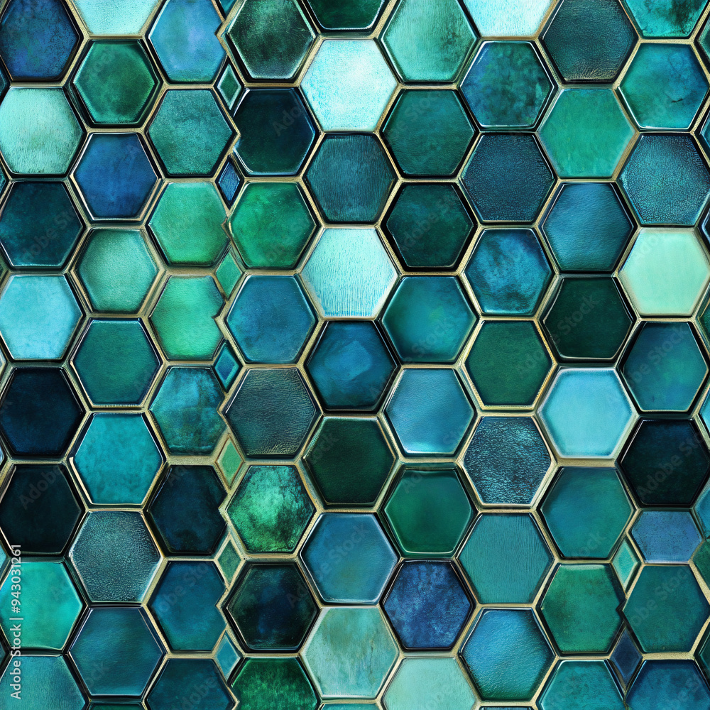 A grid of hexagons with varying shades of blue and green, creating a honeycomb pattern. A grid of hexagons with varying shades of blue and green, creating a honeycomb pattern.