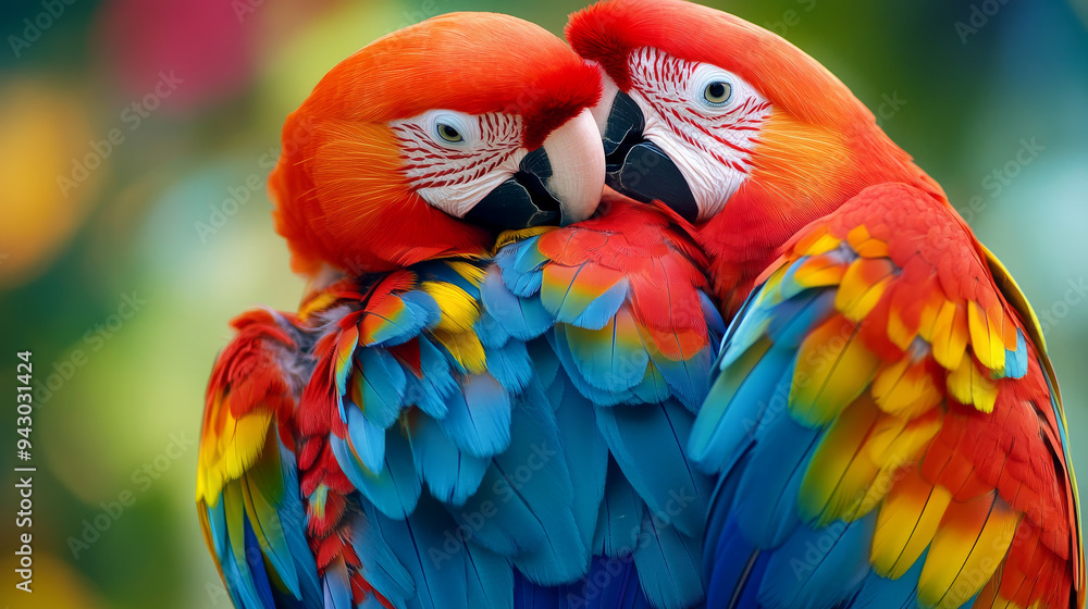 Fototapeta premium Colorful macaw parrots showing affection toward each other. --ar 16:9 --v 6.1 Job ID: c1f81c30-9085-4b91-9a01-3e27bc254a8b