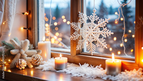 Frosted Living Room Window with Snowflake Patterns, New Year’s Decorations, String Lights, and Flickering Candles