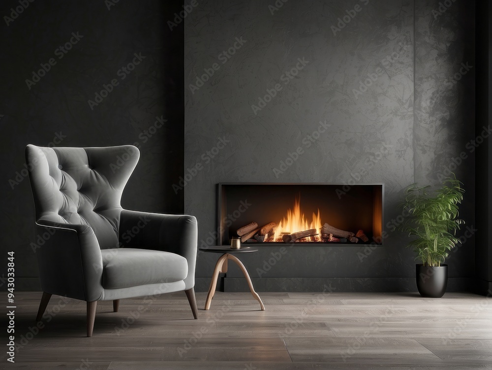 Modern Living Room with Fireplace, Armchair, and Plant Modern Living Room with Fireplace, Armchair, and Plant