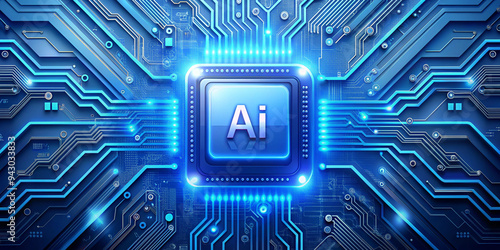 Technology Blue CPU computer microchips with AI in the center top view full length isolate on transparency background PNG