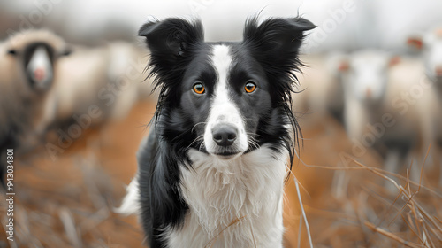 A Border Collie herding sheep on a farm, its intense gaze and quick movements showing its focus and expertise in guiding the flock