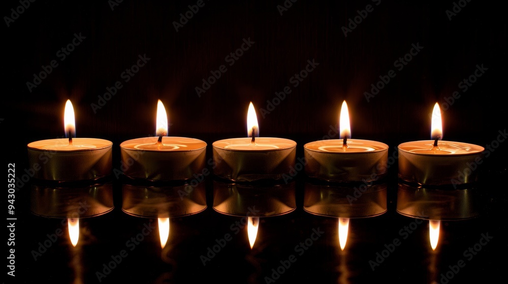 Candlemas Festival, Light of the World, Christian Holiday, Burning Candles on Black Background with Reflection Candlemas Festival, Light of the World, Christian Holiday, Burning Candles on Black Background with Reflection
