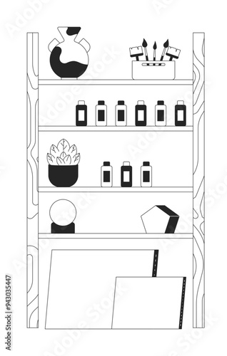 Wooden shelves painting tools black and white 2D line object. Shelving bottles paintbrushes. Paints brushes canvas art supplies isolated clip art vector outline item. Monochromatic spot illustration
