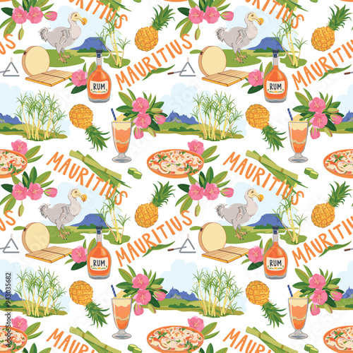 Seamless pattern with Mauritius landmarks in flat style. Vector sugar cane, Mount Peter, Dodo bird, Trochezia budoniana flowers, pineapple, falooda, millionaire salad, Sega music instruments