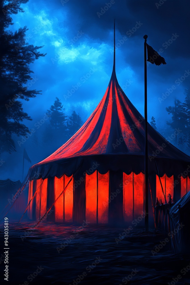 Mysterious glowing circus tent illuminated at night with dark, moody blue sky and forest trees in the background. Mysterious glowing circus tent illuminated at night with dark, moody blue sky and forest trees in the background.