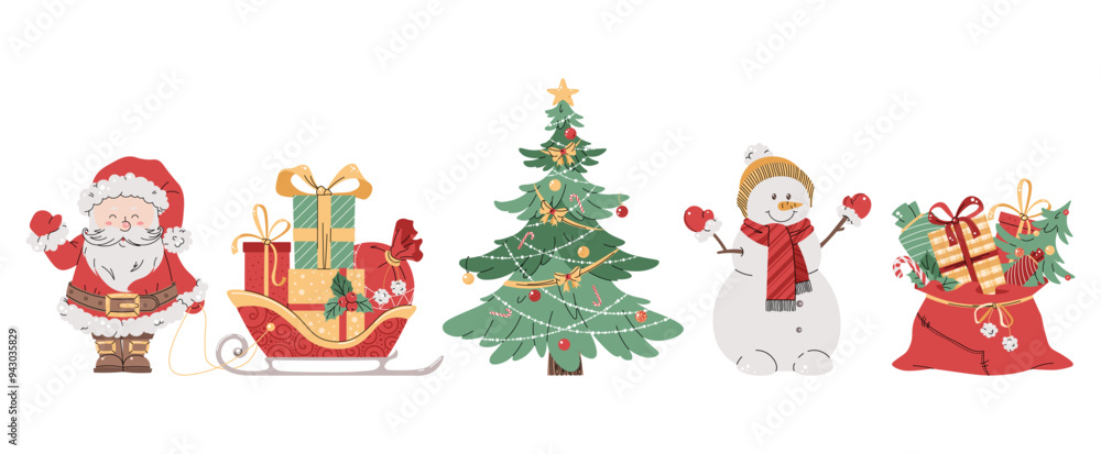Set of Christmas illustrations on white background. Santa Claus with sleigh, Christmas tree, snowman and gifts. Suitable for design of cards, banners, stickers, etc Set of Christmas illustrations on white background. Santa Claus with sleigh, Christmas tree, snowman and gifts. Suitable for design of cards, banners, stickers, etc