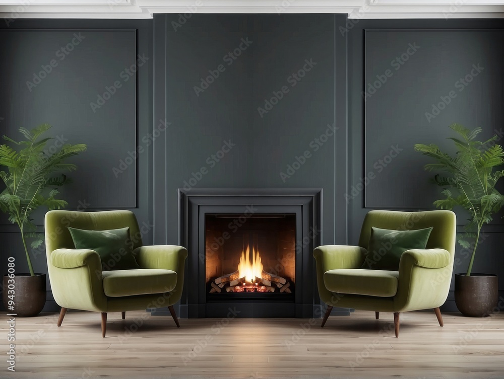 Fototapeta premium Green Armchairs Flanking a Fireplace in a Dark Room