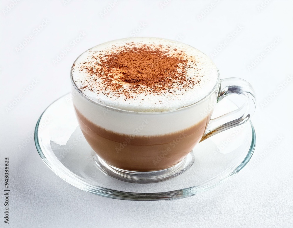 Foamy coffee cappuccino with wiped milk and coco powder on top, in double glass mug isolated on white background.ai generated Foamy coffee cappuccino with wiped milk and coco powder on top, in double glass mug isolated on white background.ai generated