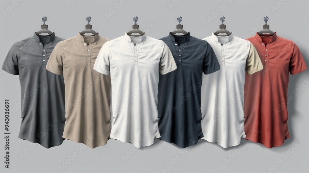 A casual array of men's henley shirts presented in vector format, offering a variety of textures isolated on a grey background. A casual array of men's henley shirts presented in vector format, offering a variety of textures isolated on a grey background.