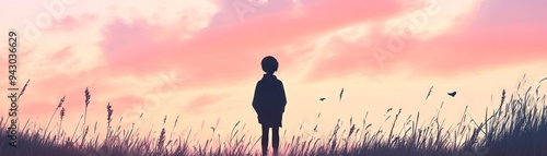 Silhouette of a child standing in a field under a colorful pink and orange sunset sky, capturing the essence of tranquility and wonder.