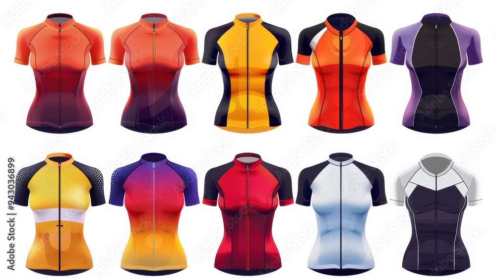 A sleek set of women's cycling jerseys in vector format, displaying a range of sporty designs isolated on a white background. A sleek set of women's cycling jerseys in vector format, displaying a range of sporty designs isolated on a white background.