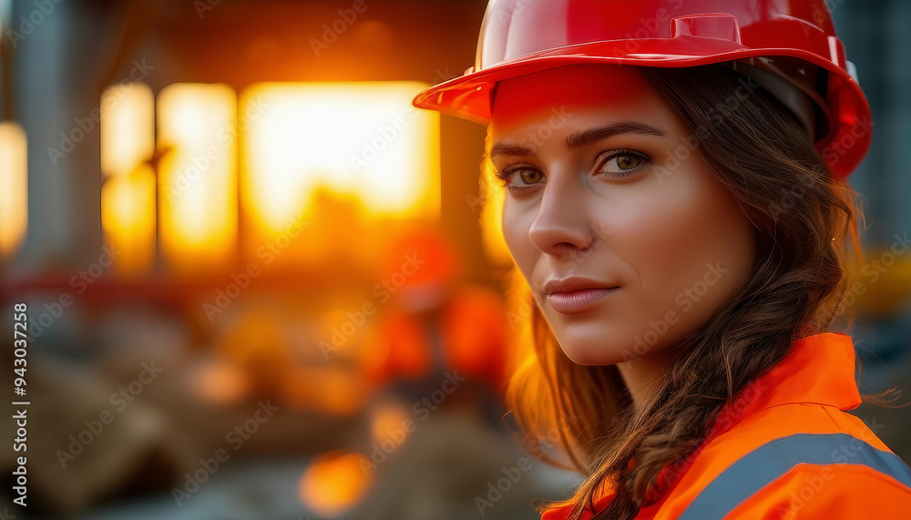 A dramatic, close-up shot of a female construction worker on-site, with a determined expression A dramatic, close-up shot of a female construction worker on-site, with a determined expression