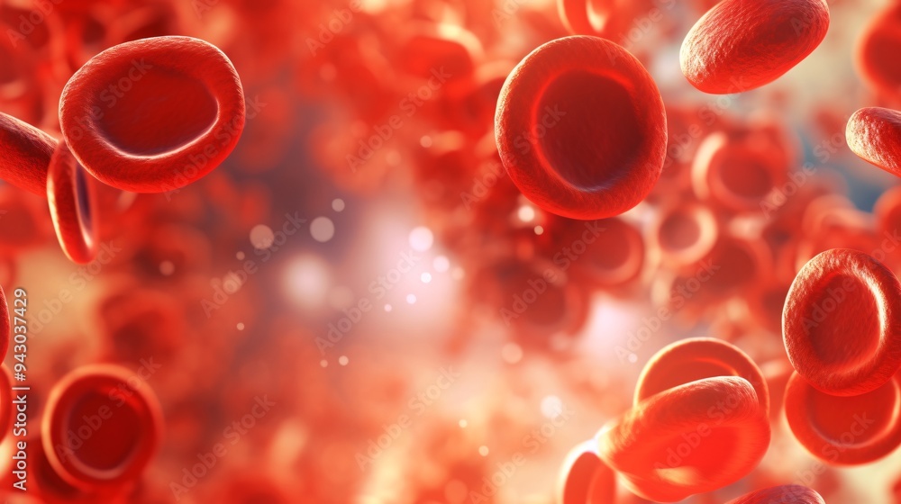 Detailed close-up of blood cells and microscopic genetic structures within an artery, with an abstract and slightly blurred biological backdrop Detailed close-up of blood cells and microscopic genetic structures within an artery, with an abstract and slightly blurred biological backdrop