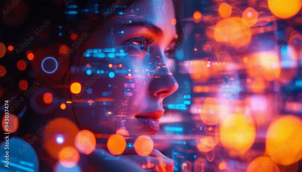 A futuristic, artistic image of a woman gazing thoughtfully at a digital interface A futuristic, artistic image of a woman gazing thoughtfully at a digital interface