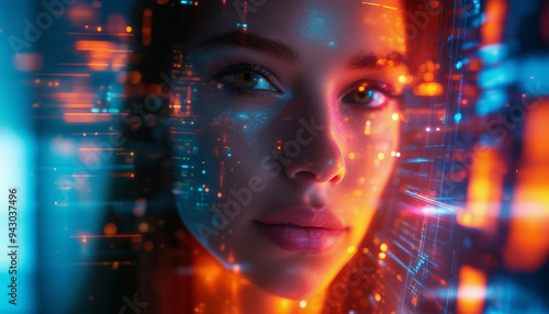 A futuristic, artistic image of a woman gazing thoughtfully at a digital interface